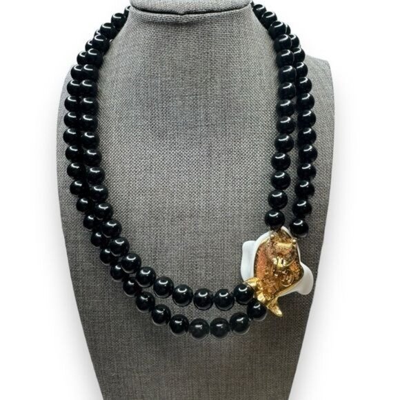 Avon Lucite Calla Lily Necklace Black Bead Double Strand 18" Vintage 80s-90s - Picture 4 of 5